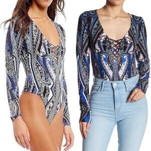 Free People NWT Pick A Place Long Sleeve Bodysuit Blue Combo Paisley Boho sz‎ M